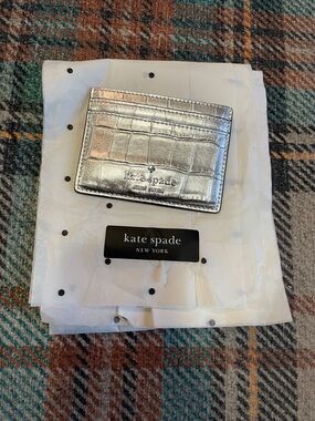 NWT kate spade silver metallic croc embossed card case